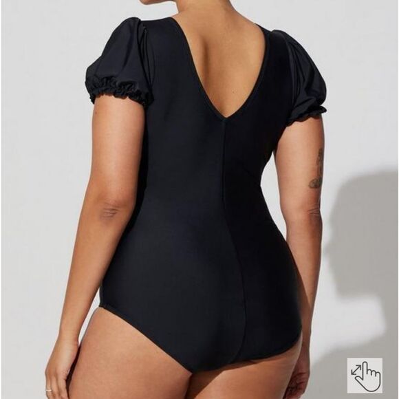 Retro Swim Wireless Puff Sleeve One Piece Swimsuit - Picture 2 of 4